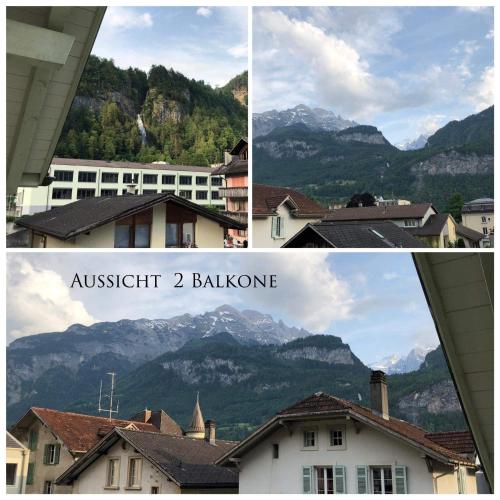 a collage of four pictures of a town with mountains at Ferienwohnung Chirchgass in Meiringen