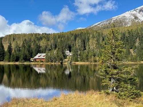 a cabin on the shore of a lake with a mountain at Lodge am Fluss in Tamsweg