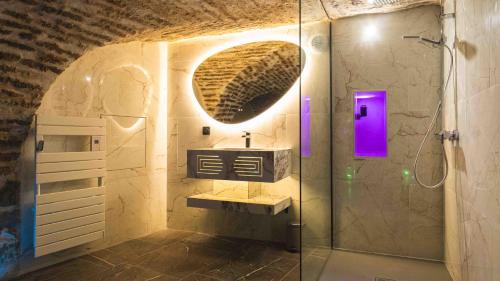 une salle de bain avec un lavabo et une douche en verre dans l'établissement La reine dorel chambre romantique, à Besançon