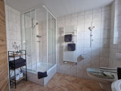 a bathroom with a shower and a tub and a toilet at Ferienwohnung Alpenhirsch Schwangau in Schwangau