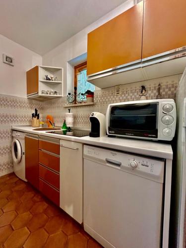 a kitchen with a microwave and a dishwasher at Appartamento sulle piste di Limone in Limone Piemonte