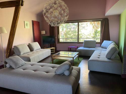 a living room with two couches and a chandelier at Gîte Le Cot à partager in Sainte-Colome
