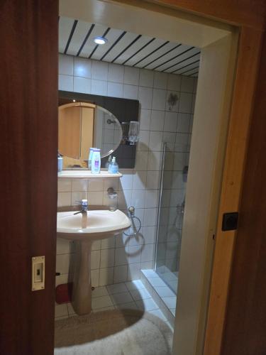 a bathroom with a sink and a shower at Messeapartment nahe Düsseldorf in Meerbusch