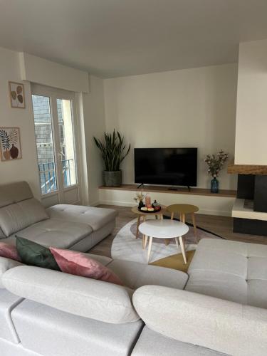 a living room with a couch and a tv at Appart'Alencon in Alençon