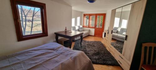 une chambre avec un lit, un bureau et un miroir dans l'établissement BoroVille, à Raduil