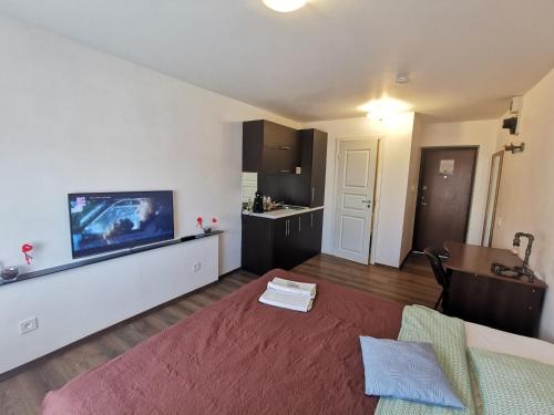 a small room with a bed and a kitchen at Z17 River apartment studio in Klaipėda