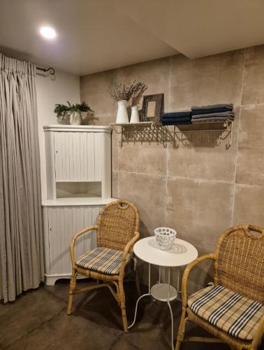 two chairs and a table in a room at Mošķu Pirts meža māja in Turaida