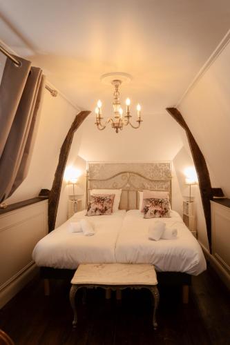 - une chambre avec un grand lit et un lustre dans l'établissement Dépendance Château de saint Saturnin sur Loire, à Saint-Saturnin-sur-Loire