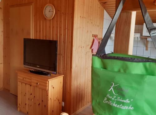 a living room with a television and a green bag at Landhof Kützin Ferienhaus Schwalbe 2 in Wulfskuhl