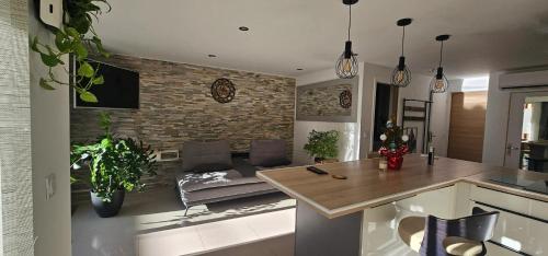 eine Küche und ein Wohnzimmer mit einer Steinmauer in der Unterkunft Appartement moderne à Nice, 50 m² avec balcon in Nizza