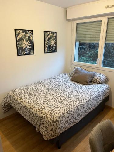 un lit dans une chambre avec deux tableaux au mur dans l'établissement Appartement Paisible au Vert, à Saint-Ouen