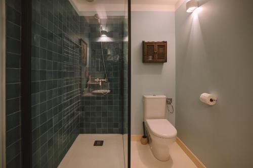 a bathroom with a toilet and a glass shower at Les Chambres de Lasserre - Chambres et Table d'hôtes in Lasserre