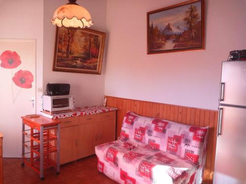 une cuisine avec un canapé et un four micro-ondes sur un comptoir dans l'établissement Appartement proche plage avec terrasse, 6 couchages, parking privé, Internet optionnel - FR-1-387-75, à Marseillan