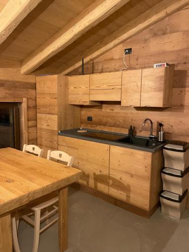 a kitchen with a sink and a wooden wall at Sabbionaccio Apartments & Spa in Chiesa in Valmalenco