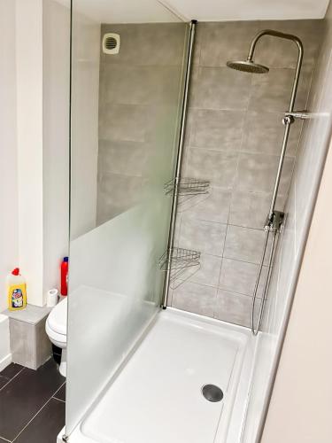 une douche avec une porte vitrée dans une salle de bain dans l'établissement Studio Atypique Centre Vichy, à Vichy