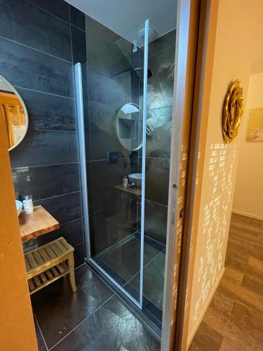 a shower with a glass door in a room at Le Jardin d'Eden by Leslodgespa in Blotzheim