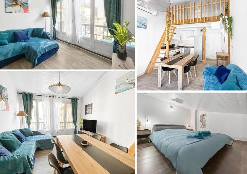 un collage de photos d'un salon et d'un appartement dans l'établissement Maison charmante clim et balcon en centre ville, à Marseillan