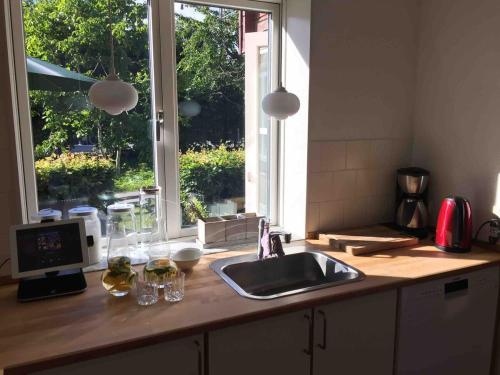 a kitchen counter with a sink and a window at Dream house with lake view, 20 min near Copenhagen in Virum