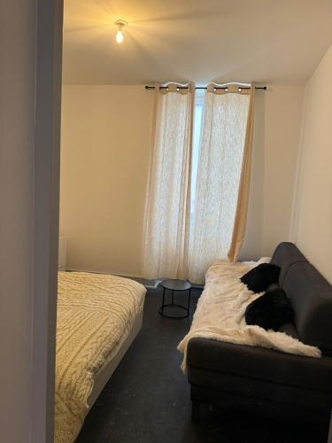 une chambre avec un lit, un canapé et une fenêtre dans l'établissement cosy spacieux appart au centre ville, à Bourg-en-Bresse
