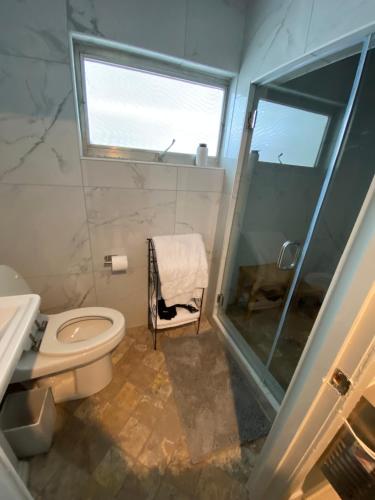 ein Badezimmer mit Dusche, Toilette und Waschbecken in der Unterkunft Lighthouse Point in Ashtabula