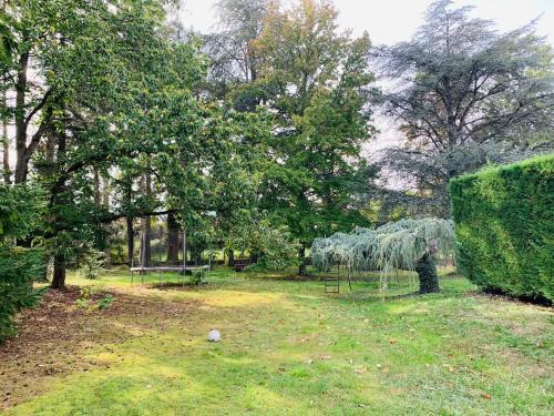 a garden with a large hedge and a swing set at Logement cadre Champêtre, entre ville et campagne in Commelle-Vernay