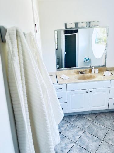 a bathroom with a sink and a mirror at Flamingo House - Turks & Caicos in Turtle Cove