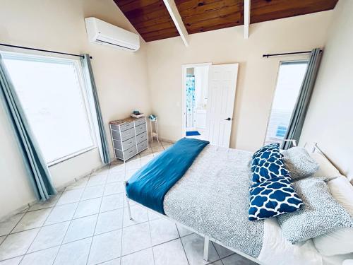 a bedroom with a bed and two large windows at Flamingo House - Turks & Caicos in Turtle Cove