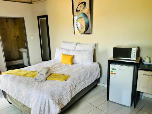 a bedroom with a bed with a tv on top of it at kwamapulaneng guest house in Matrooster
