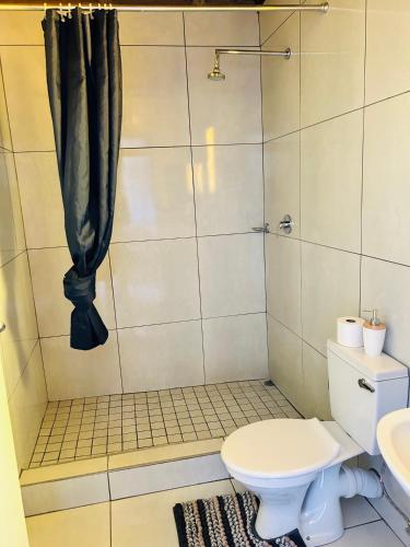 a bathroom with a shower with a toilet and a sink at kwamapulaneng guest house in Matrooster