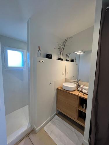 une salle de bain blanche avec un lavabo et une douche dans l'établissement Havre de paix à deux pas de la Croix-Rousse, à Caluire-et-Cuire