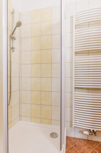a shower with a glass door in a bathroom at Apartmány Novákovi in Dolní Morava