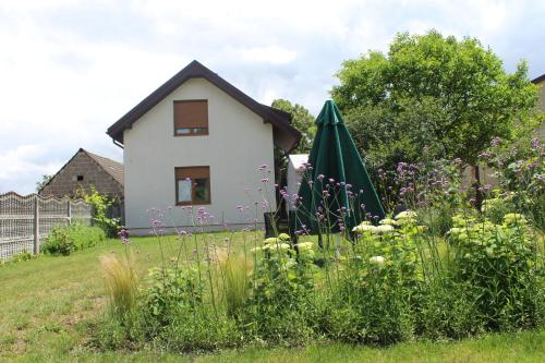 a garden with a house and a green umbrella at Kwatera agroturystyczna Przywóz in Przywóz