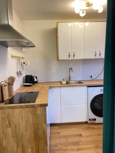 une cuisine avec un évier et une machine à laver dans l'établissement Studio avec climatisation et parking, à Aix-en-Provence