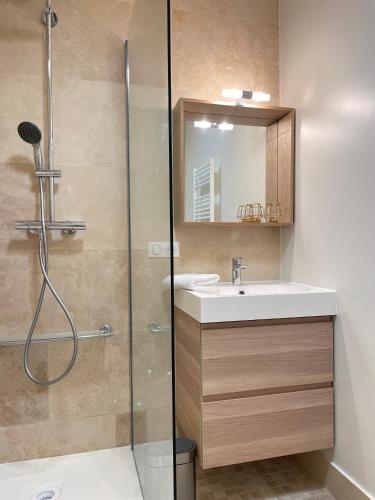 une salle de bain avec douche et lavabo dans l'établissement Studio avec climatisation et parking, à Aix-en-Provence