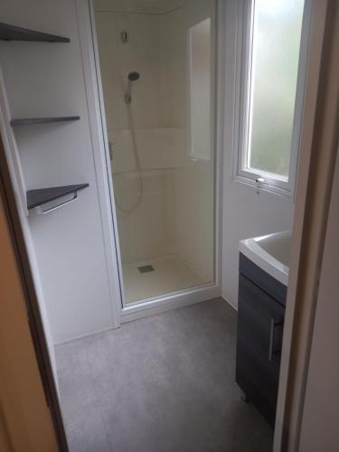 une salle de bain avec une douche, un lavabo et un miroir dans l'établissement MOBIL HOME le BALARUCOIS, à Valras-Plage