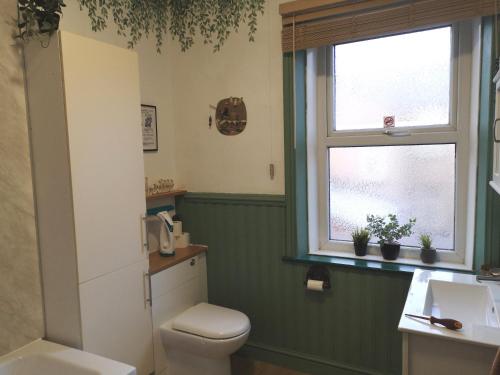 a bathroom with a toilet and a sink and a window at Carlisle Homestay - Double Room in Carlisle