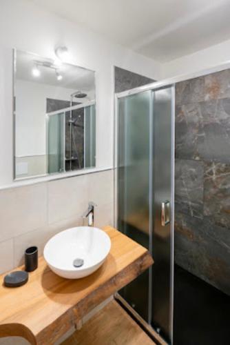 a bathroom with a sink and a shower at Amiata Romantica in Bagnolo
