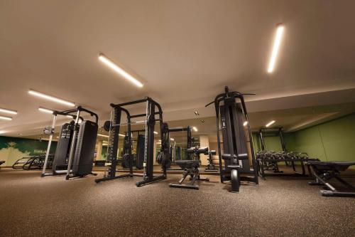 a gym with a row of treadms and machines at Hilton Petaling Jaya in Petaling Jaya