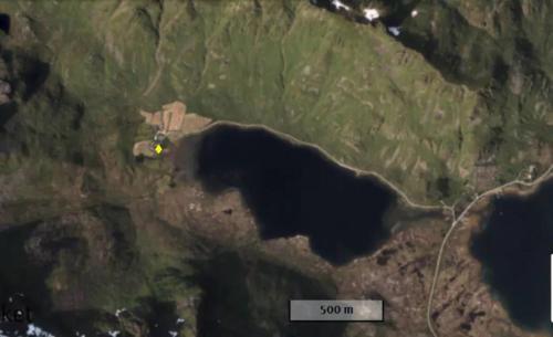 a satellite image of a farm in a field at Charming house in fjord Lofoten in Slydalen