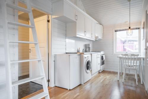 a kitchen with a washer and dryer and a ladder at Authentic Cozy Rorbu in Stamsund