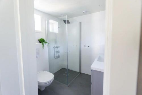 a white bathroom with a toilet and a shower at Madelhea Cabin- Seaview Lodge in Reine