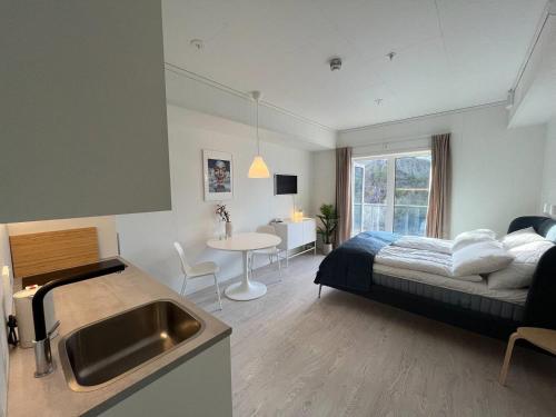 Ένα ή περισσότερα κρεβάτια σε δωμάτιο στο Lofoten Studio Penthouse