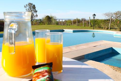 two glasses of orange juice sitting on a table near a swimming pool at Brisas del Lago Apart y Hotel in Federación