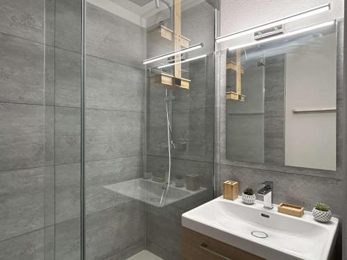 une salle de bain avec une douche, un lavabo et un miroir dans l'établissement Appart 2 pièces 4 couchages BANYULS SUR MER BN120-4206, à Banyuls-sur-Mer