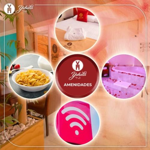 a collage of pictures of a room with food at Hotel Yahalis in Jilotepec de Abasolo
