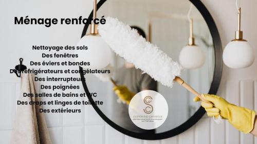 une personne tenant une brosse en plumes devant un miroir dans l'établissement Blum Arles Centre, à Arles