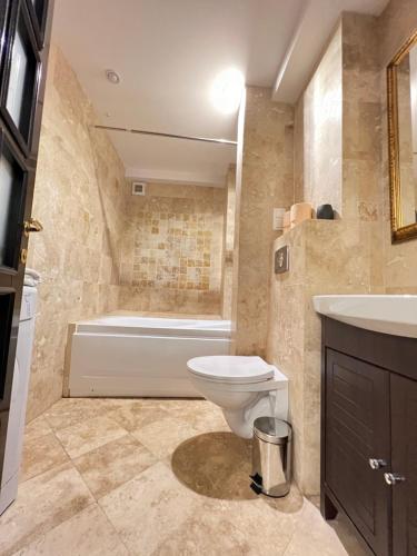 a bathroom with a tub and a toilet and a sink at Studio near Copou Hospitals IRO Parhon in Iaşi