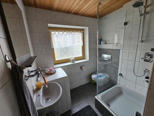 a bathroom with a shower and a sink and a tub at Ferienwohnung im Alpenvorland am Lech in Apfeldorf