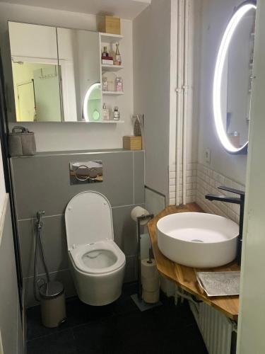 une salle de bain avec des toilettes blanches et un lavabo dans l'établissement Appartement terrasse proche paris, à Saint-Cloud