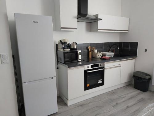 La cuisine est équipée d'un réfrigérateur blanc et d'un four micro-ondes. dans l'établissement Studio tout confort - TV - Wifi, à Dijon